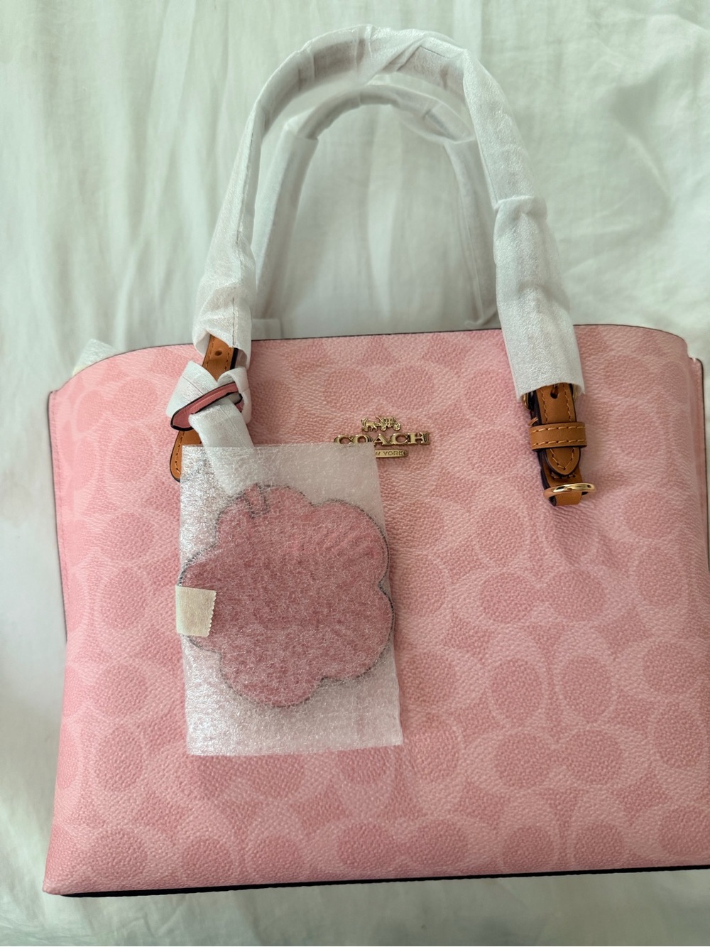 Coach Powder Pink Mollie Tote with Floral Charm and Tan Trim